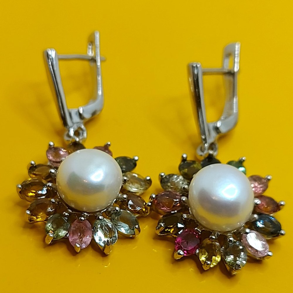 Natural Multi Color Tourmaline &  Pearl 925 Sterling Silver Earrings
